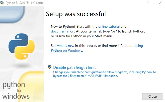 Python Installation Successful Message